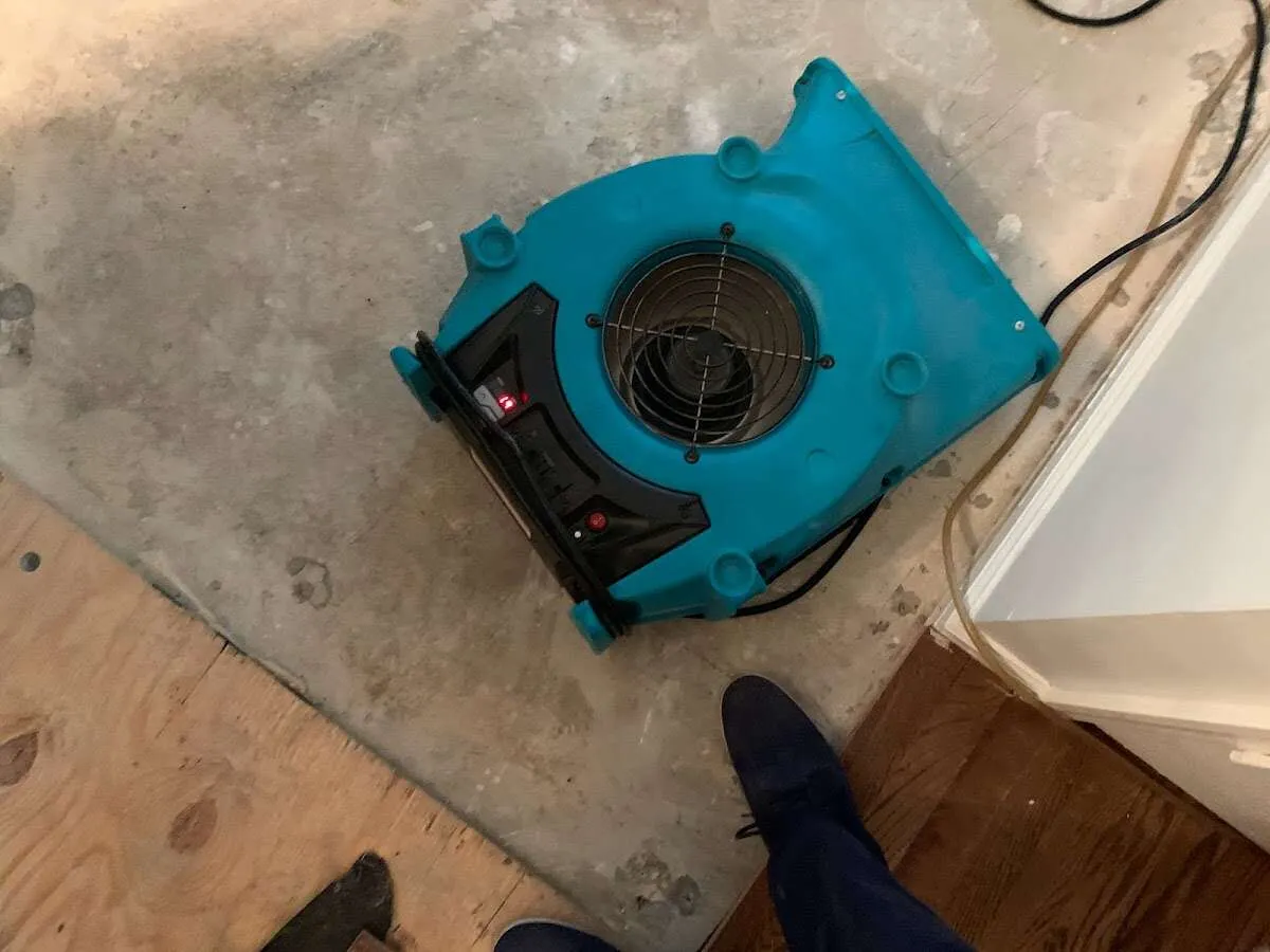 Air mover drying subfloor during Commercial Water Damage Restoration in Breaux Bridge